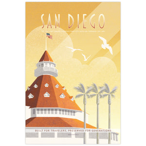 Vintage-style San Diego travel poster featuring the historic Hotel del Coronado with palm trees, seagulls, and warm coastal sunset tones.