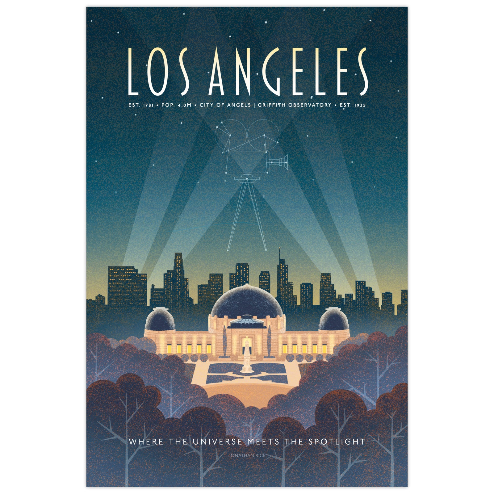 Illustrated Los Angeles travel poster showing Griffith Observatory at night with city skyline and a constellation forming a vintage movie camera in the sky. Retro Art Deco design with spotlights and starry sky.