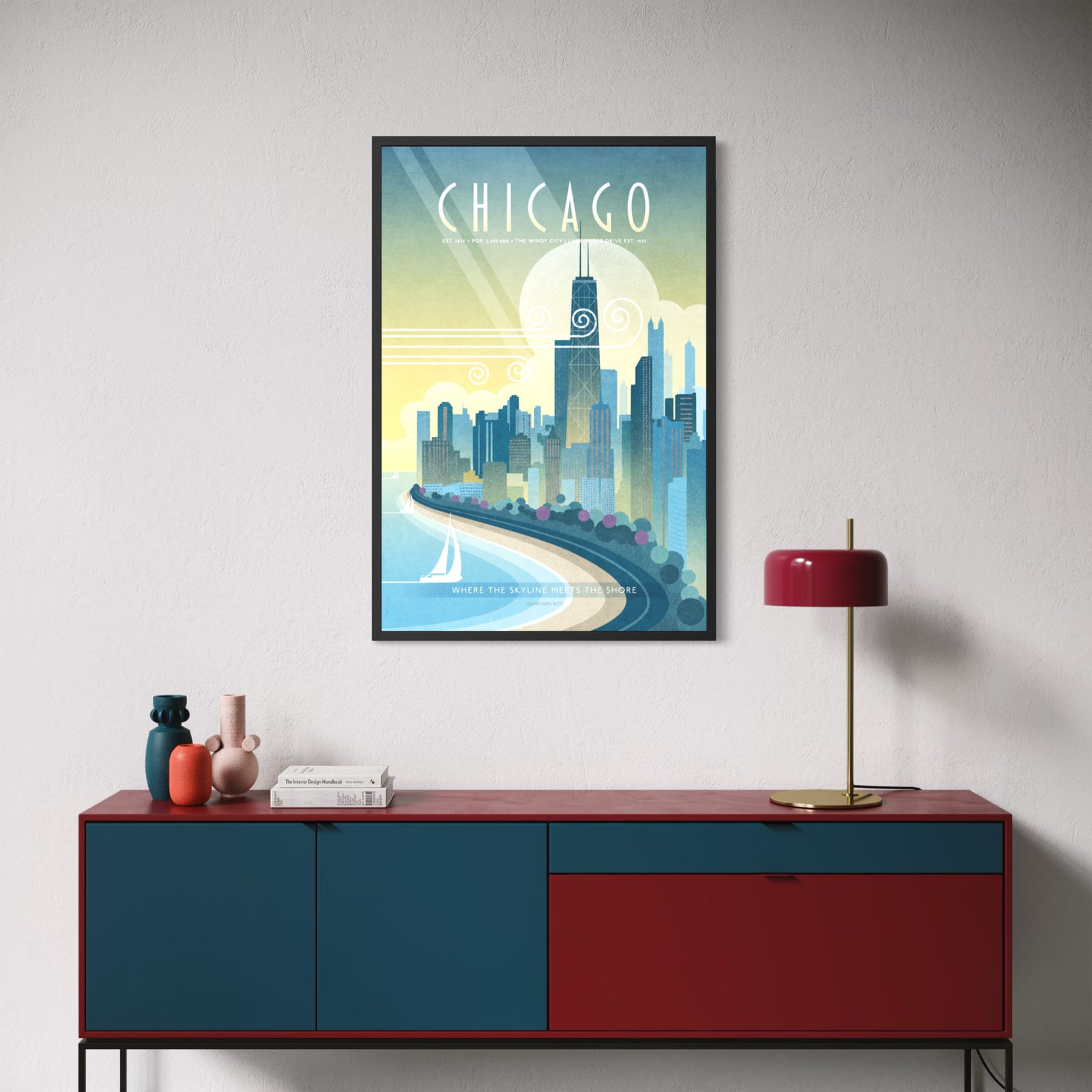 Vintage Chicago Shoreline Drive travel poster, fine art skyline illustration featuring John Hancock Center and Lake Michigan sailboats
