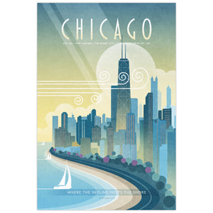 Vintage Chicago Shoreline Drive travel poster, fine art skyline illustration featuring John Hancock Center and Lake Michigan sailboats
