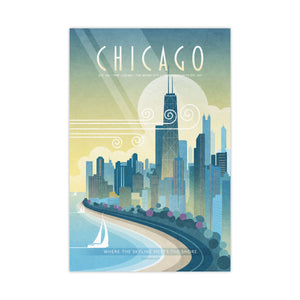 Framed Chicago Shoreline Drive travel poster unframed, retro Chicago skyline wall art