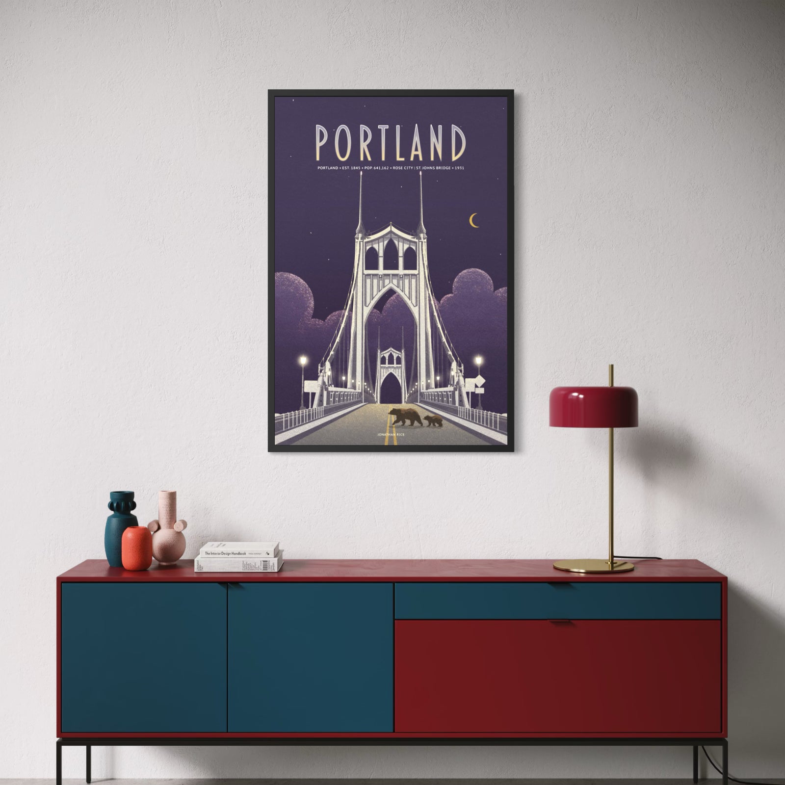Vintage Portland St. Johns Bridge travel poster, fine art city illustration featuring iconic suspension bridge at night