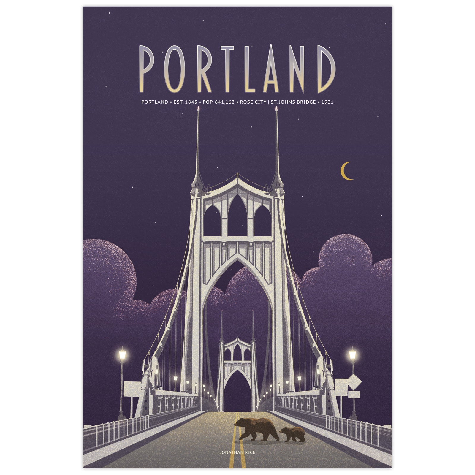 Vintage Portland St. Johns Bridge travel poster, fine art city illustration featuring iconic suspension bridge at night