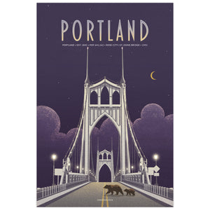 Vintage Portland St. Johns Bridge travel poster, fine art city illustration featuring iconic suspension bridge at night