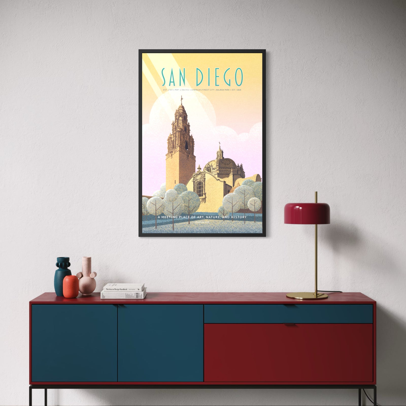 San Diego Balboa Park illustrated poster showing the California Tower and historic buildings in a classic WPA-inspired travel poster composition