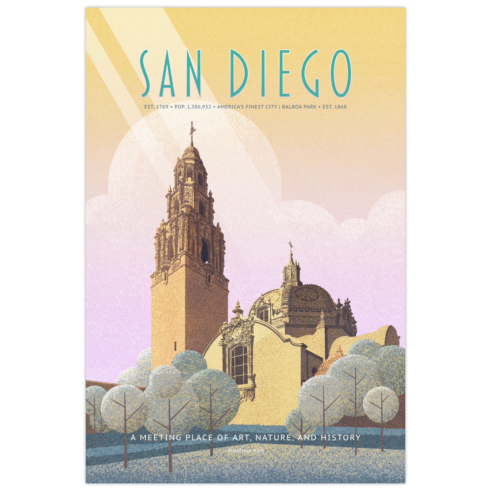 San Diego Balboa Park illustrated poster showing the California Tower and historic buildings in a classic WPA-inspired travel poster composition