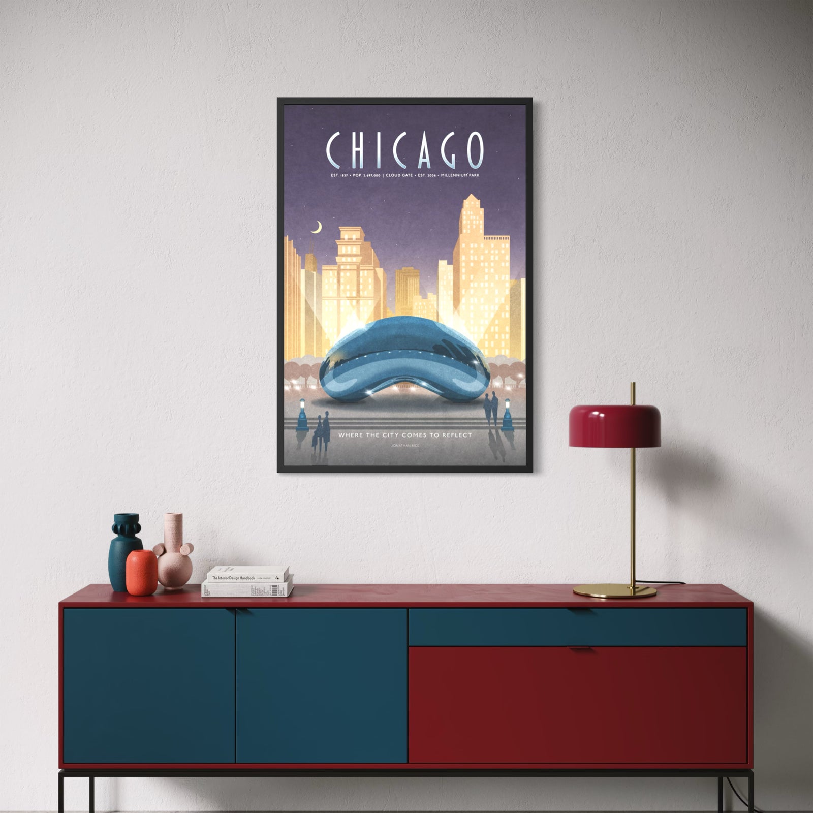 Chicago Cloud Gate poster at night with skyline reflection in Millennium Park, vintage style travel print