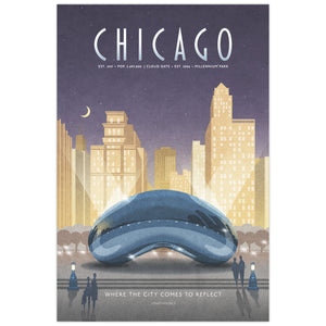 Chicago Cloud Gate poster at night with skyline reflection in Millennium Park, vintage style travel print