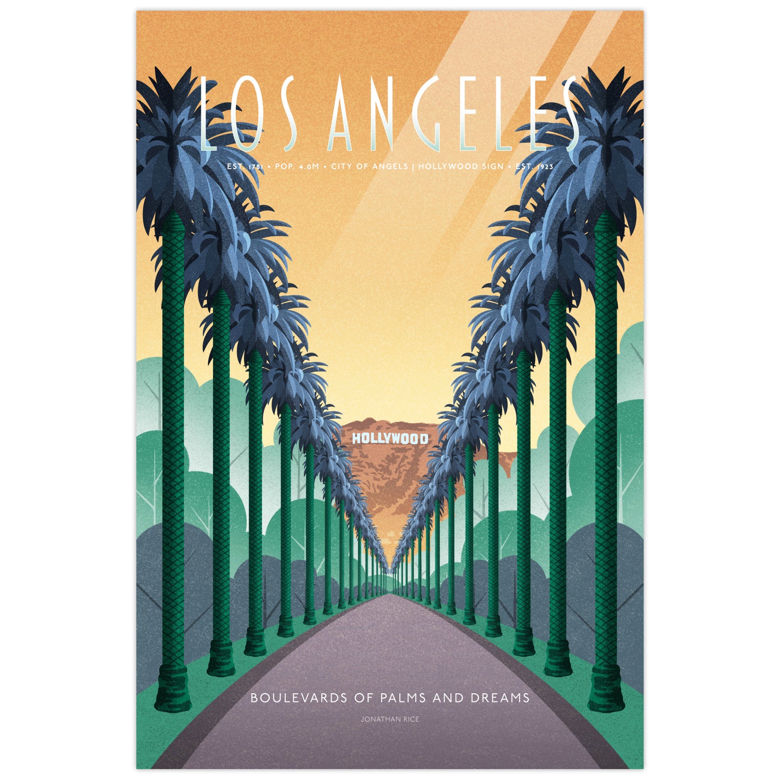 A retro-style Los Angeles travel poster featuring tall palm trees lining a straight road toward the Hollywood sign, with a warm yellow-orange sky and the text 'LOS ANGELES' and 'BOULEVARDS OF PALMS AND DREAMS'.