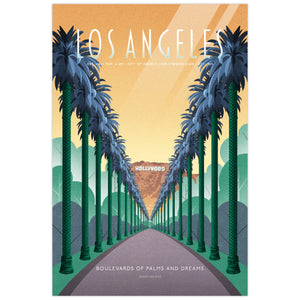 A retro-style Los Angeles travel poster featuring tall palm trees lining a straight road toward the Hollywood sign, with a warm yellow-orange sky and the text 'LOS ANGELES' and 'BOULEVARDS OF PALMS AND DREAMS'.