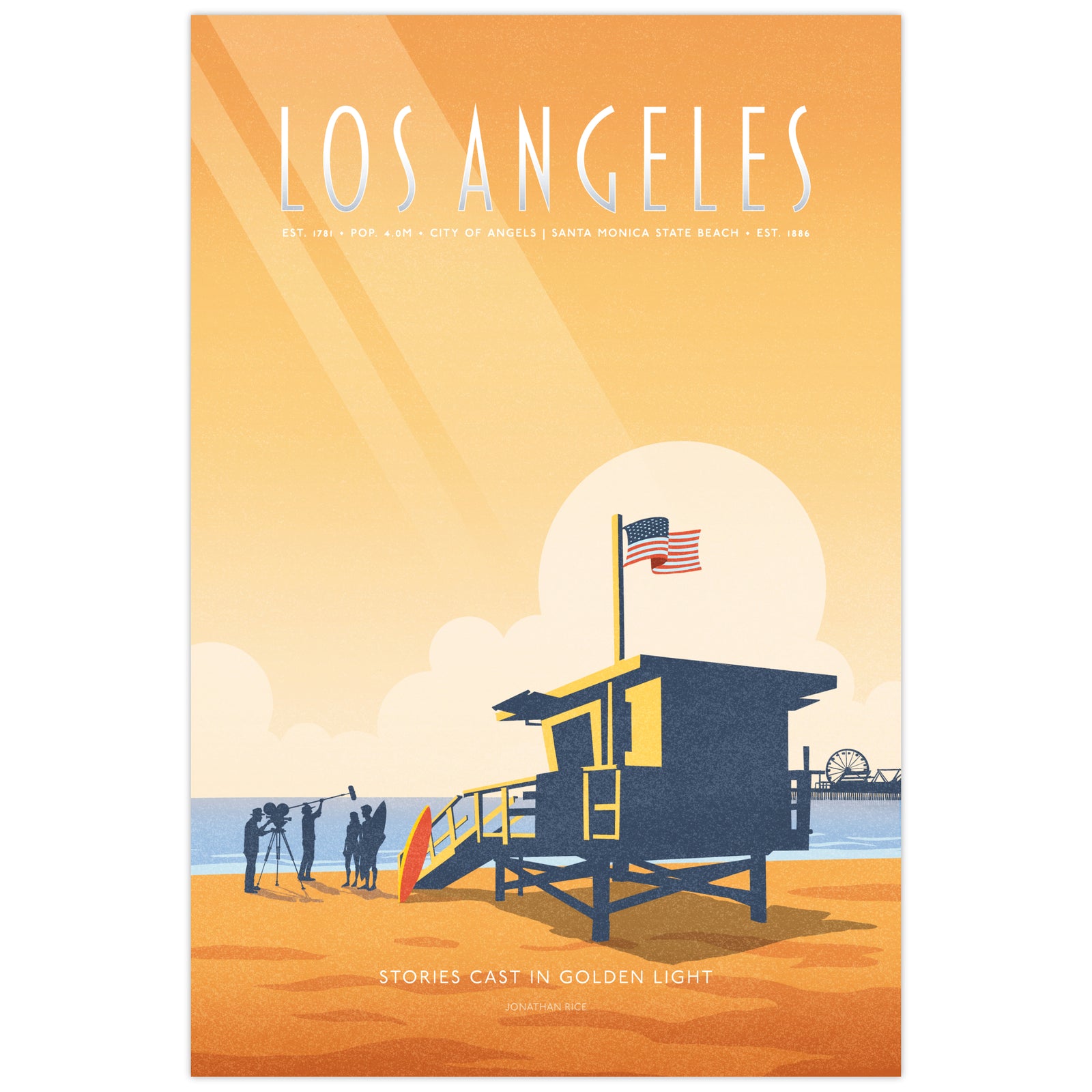 A stylized Los Angeles travel poster print featuring a beach scene with a lifeguard tower, ocean, sun, and the text 'LOS ANGELES' and 'STORIES CAST IN GOLDEN LIGHT'.