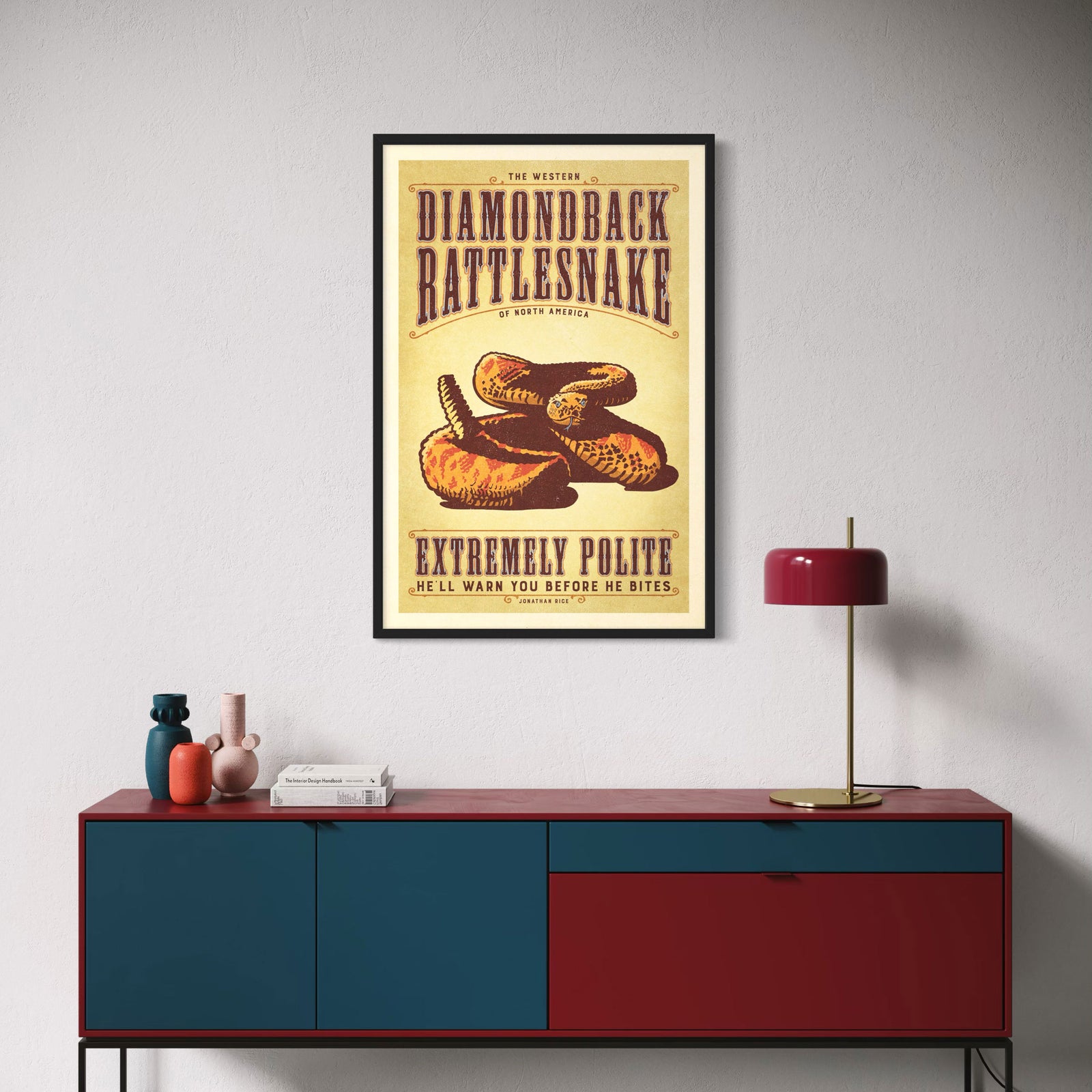 Vintage-style poster of a diamondback rattlesnake with text on a beige background