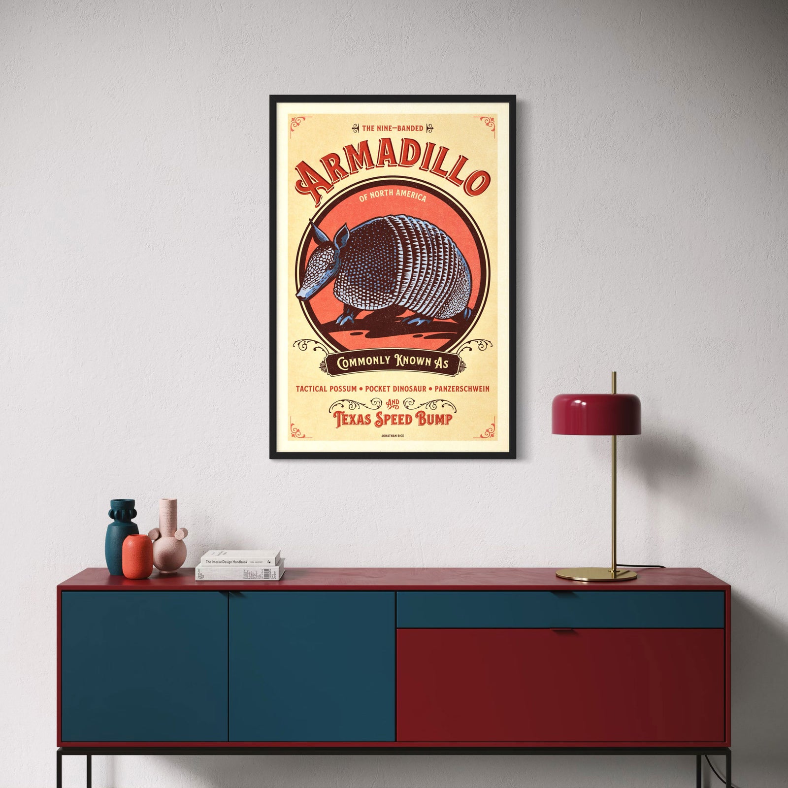 Vintage-style Armadillo illustrated poster from the Creatures of Character animal illustration series