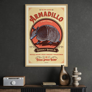 Armadillo poster by Jonathan Rice oak frame room mockup