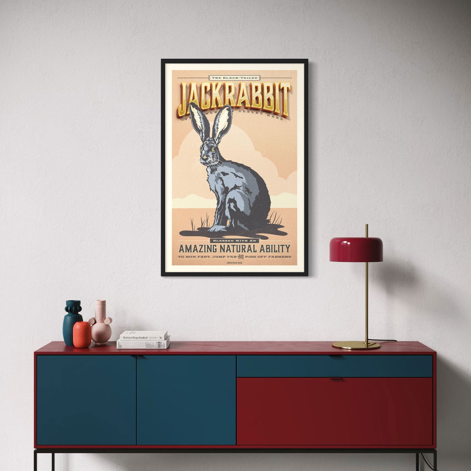 Vintage-style poster of a jackrabbit with text on a beige background from the Creatures of Character animal illustration series