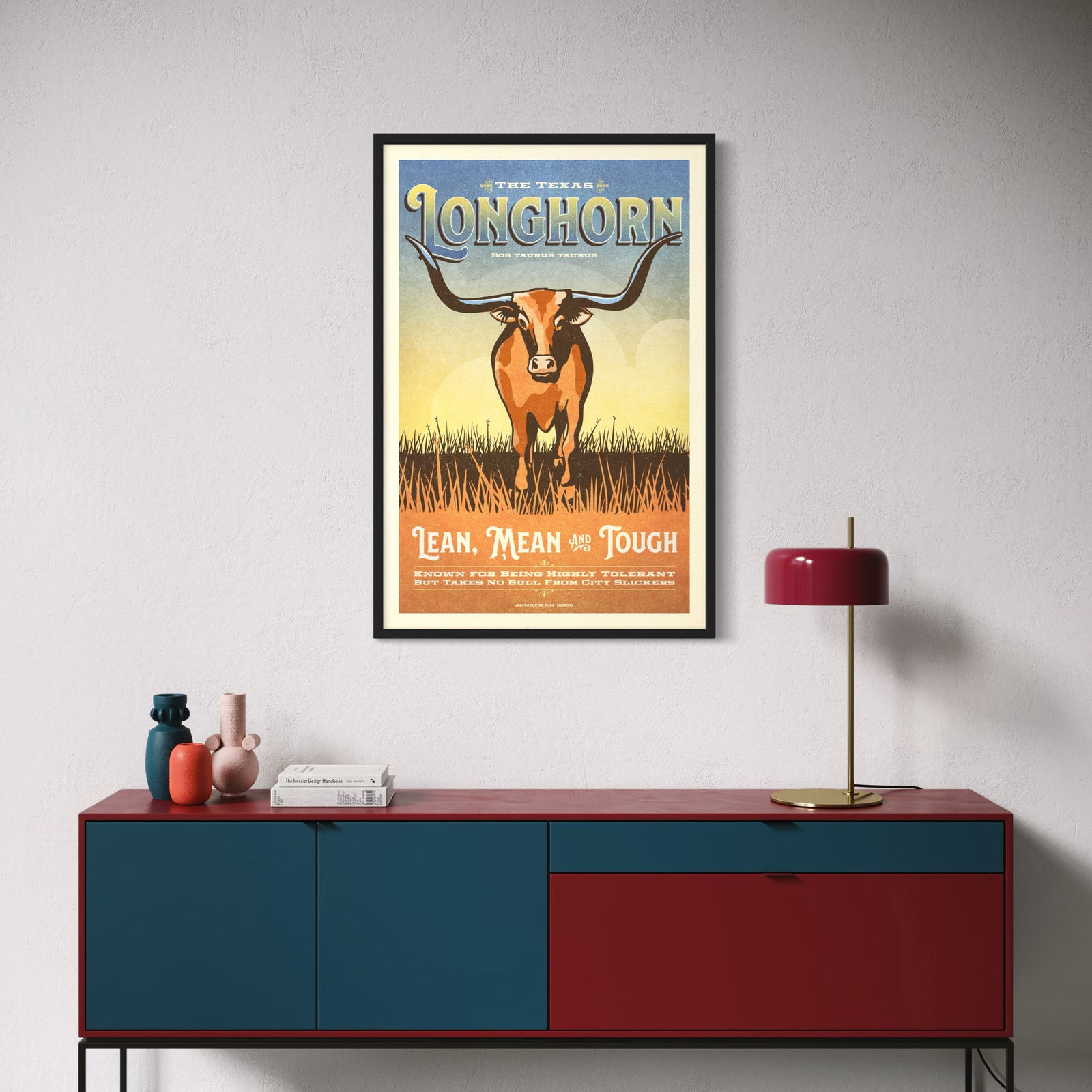 Poster of a Texas Longhorn cow with text about its characteristics on a blue and yellow gradient background.