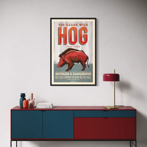 Vintage-style Wild Hog poster by Jonathan Rice black frame wall mockup