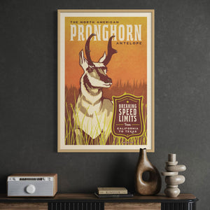 Pronghorn Antelope poster by Jonathan Rice oak frame room mockup