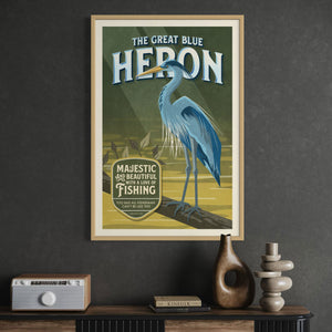 Great Blue Heron poster by Jonathan Rice oak frame room mockup