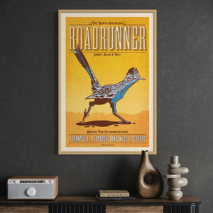 Roadrunner poster by Jonathan Rice oak frame room mockup