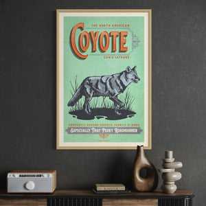 Coyote poster by Jonathan Rice oak frame room mockup