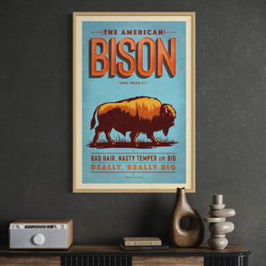 Bison poster by Jonathan Rice oak frame room mockup