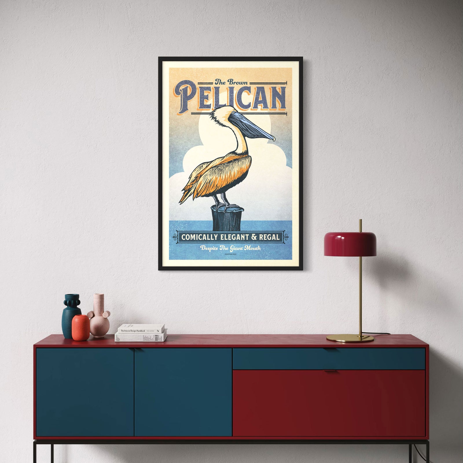 Brown Pelican illustrated poster from the Creatures of Character animal illustration series by Jonathan Rice