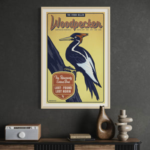 Ivory-Billed Woodpecker poster by Jonathan Rice oak frame office mockup