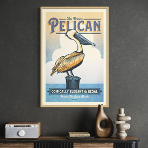 Brown Pelican poster by Jonathan Rice oak frame room mockup