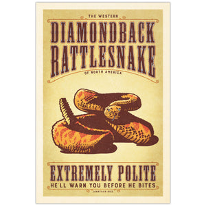 Vintage-style poster of a diamondback rattlesnake with text on a beige background