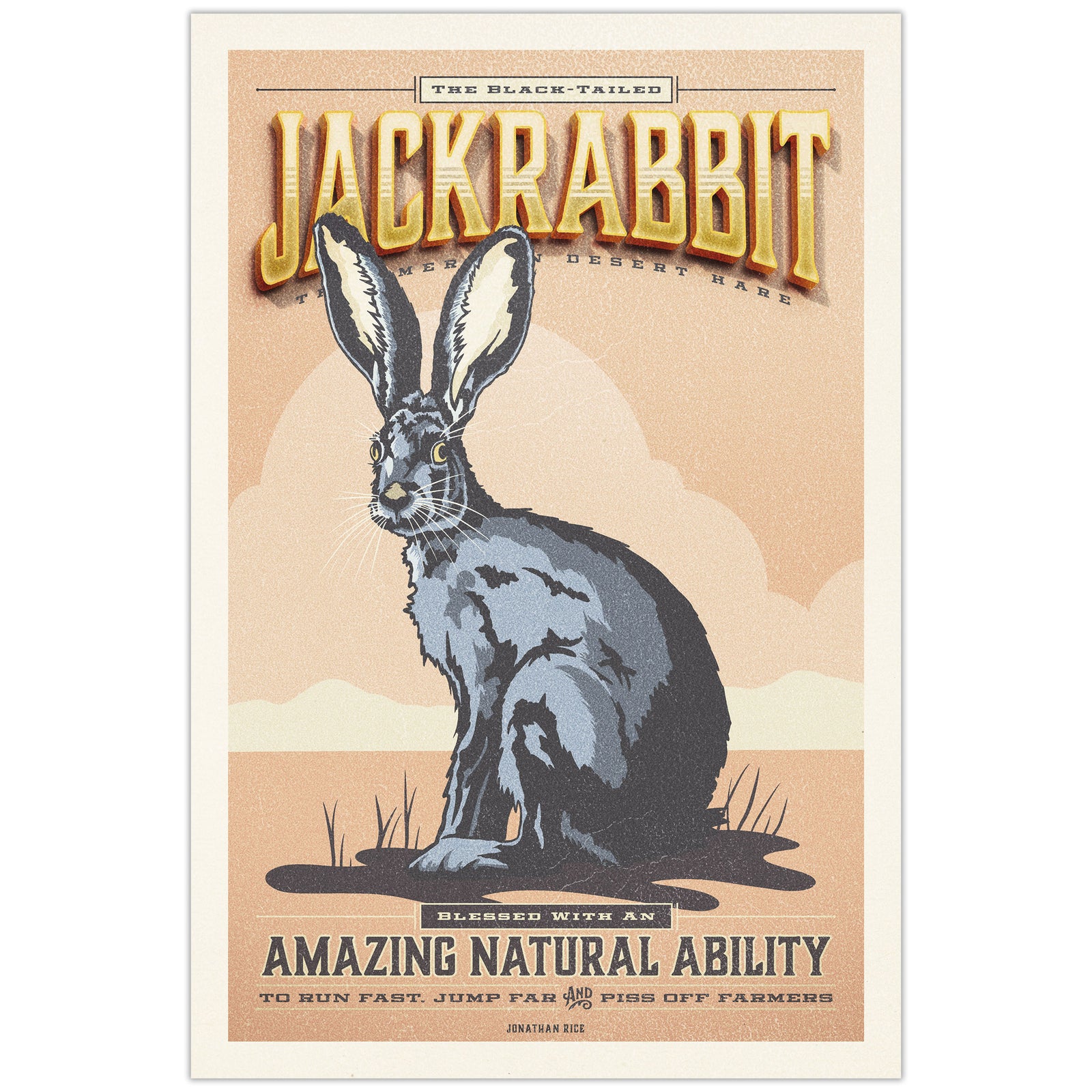 Vintage-style poster of a jackrabbit with text on a beige background from the Creatures of Character animal illustration series