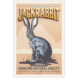 Vintage-style poster of a jackrabbit with text on a beige background from the Creatures of Character animal illustration series