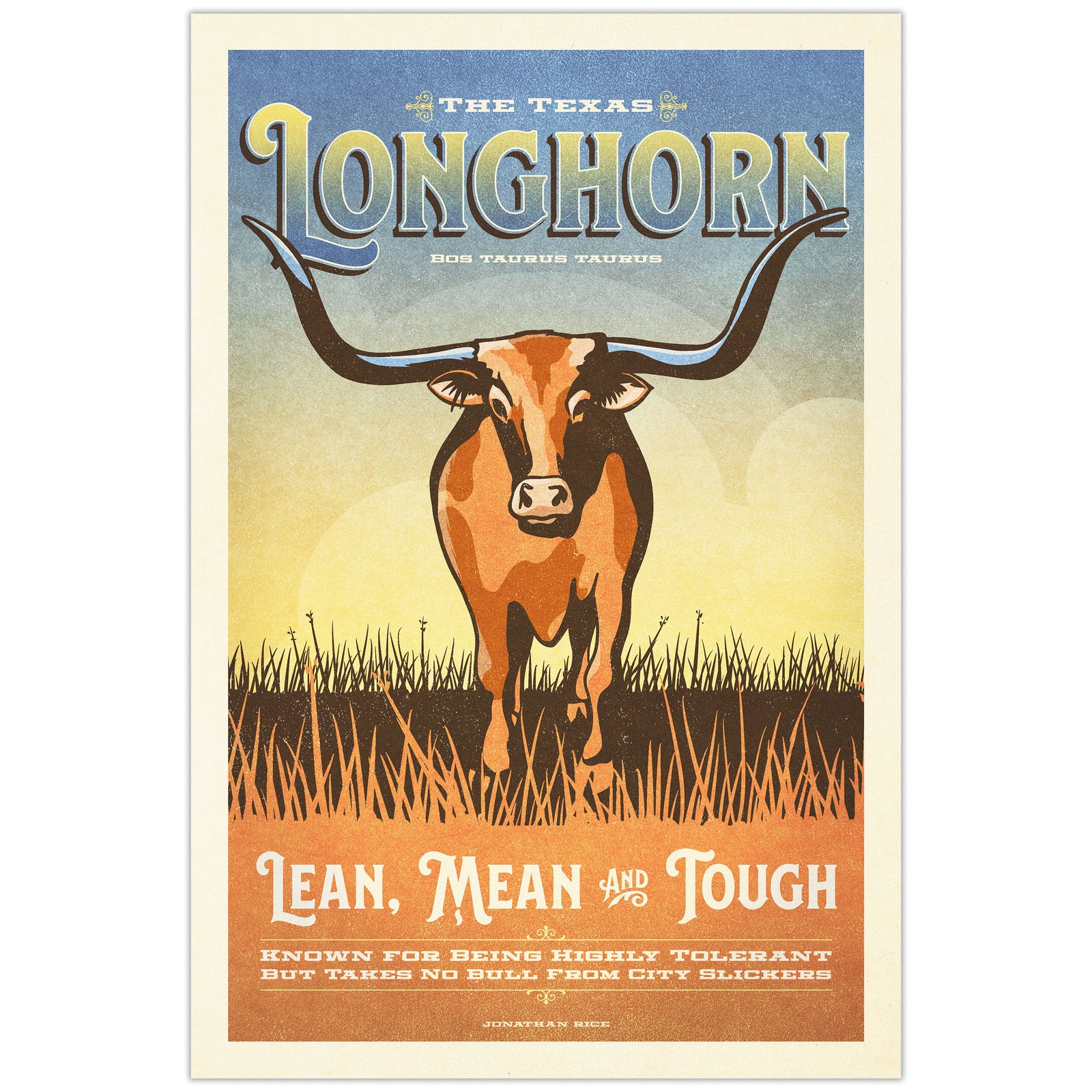Poster of a Texas Longhorn cow with text about its characteristics on a blue and yellow gradient background.