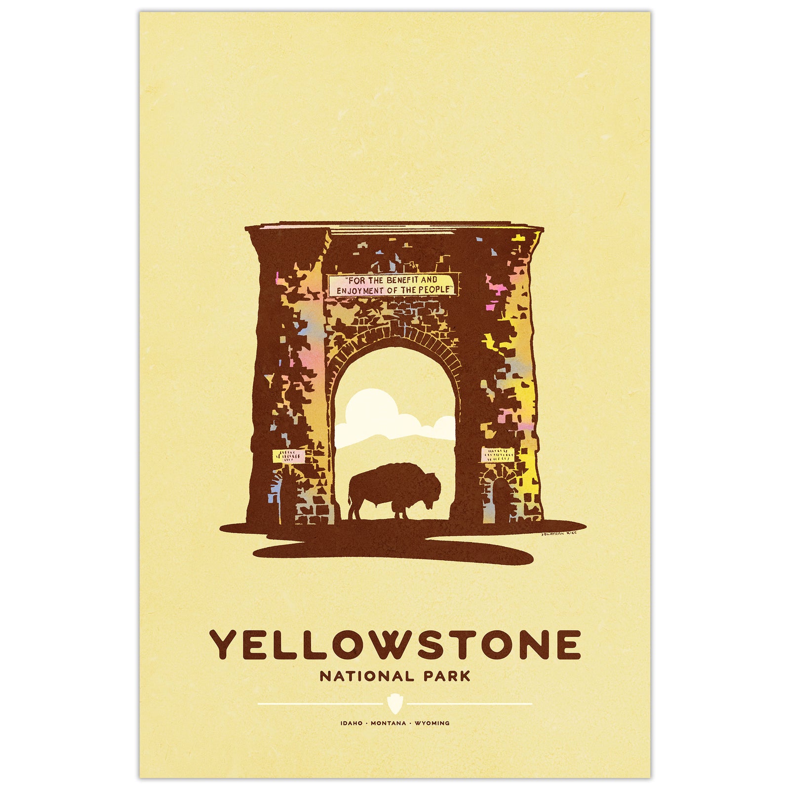 A minimalist Yellowstone National Park travel poster featuring Roosevelt Arch illustration with a bison silhouette and the text 'YELLOWSTONE NATIONAL PARK' on a pale yellow background.