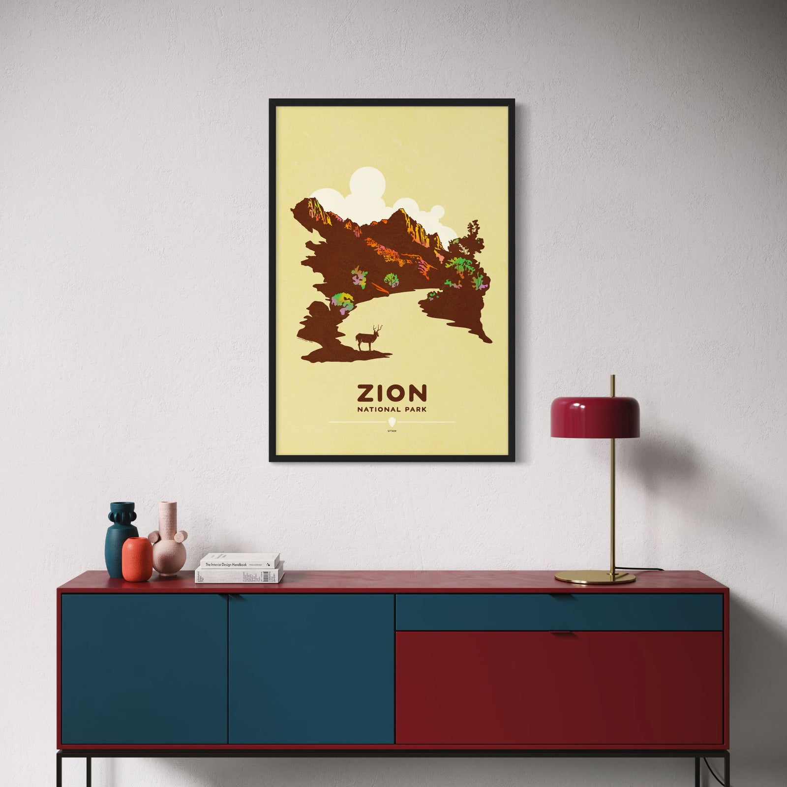 Zion National Park poster featuring canyon cliffs with deer silhouette in graphic style