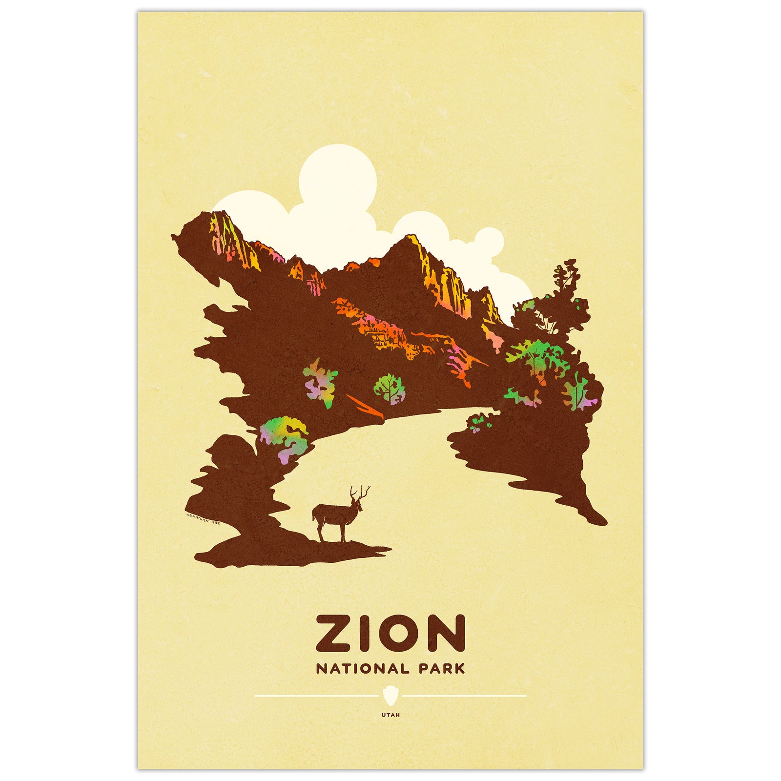 Zion National Park poster featuring canyon cliffs with deer silhouette in graphic style
