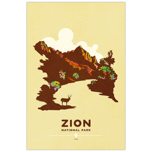 Zion National Park poster featuring canyon cliffs with deer silhouette in graphic style