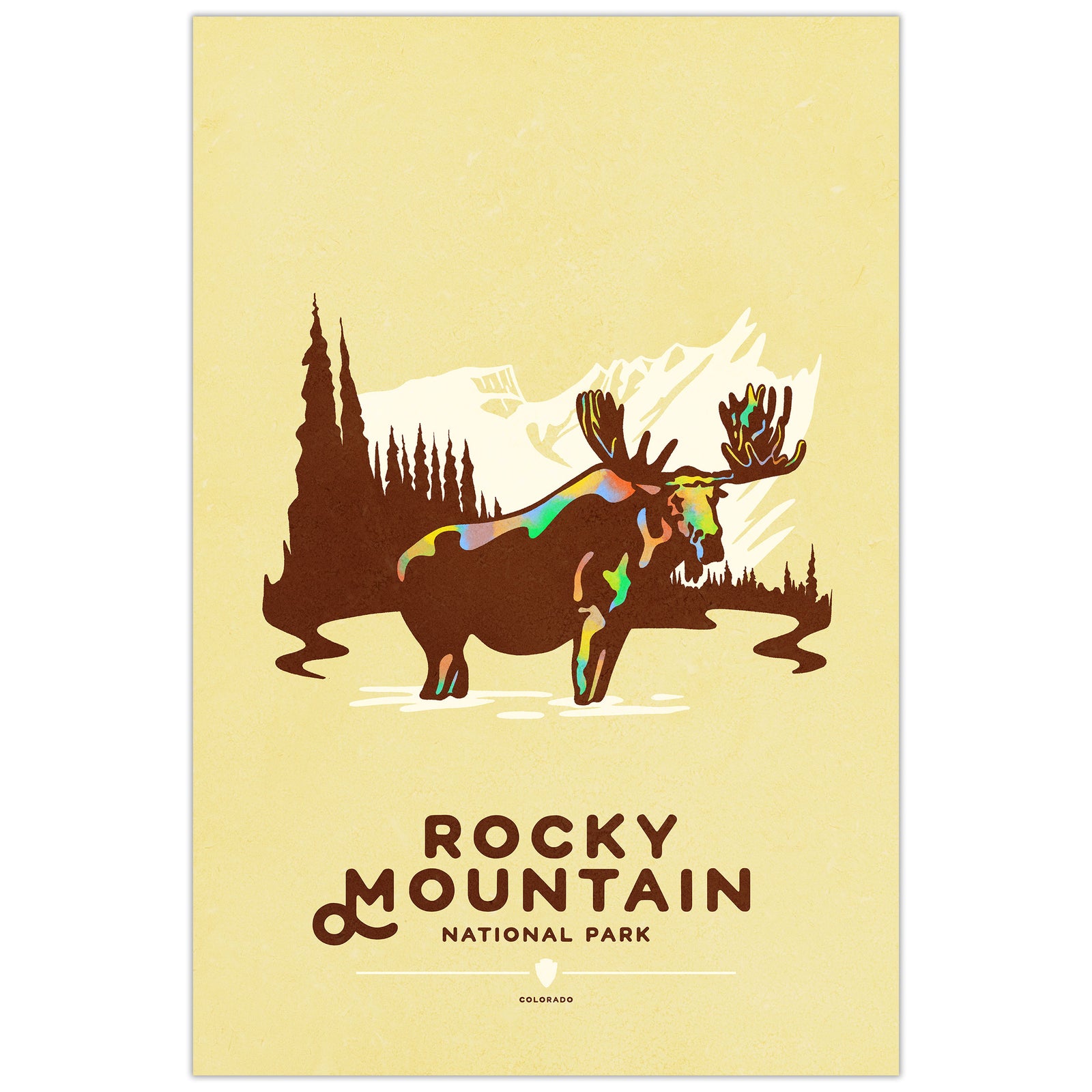 Rocky Mountain National Park poster featuring moose with mountains and forest in bold graphic style