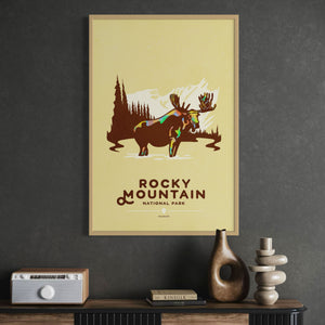 Rocky Mountain National Park travel poster oak frame office mockup