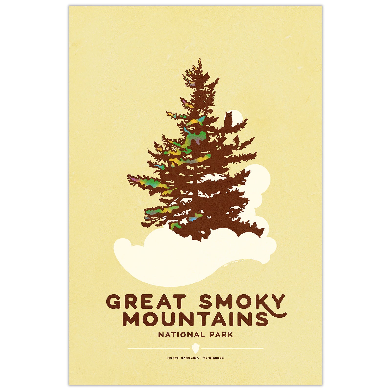 Great Smoky Mountains National Park vintage travel poster featuring a graphic landscape in bold retro style