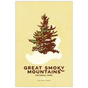Great Smoky Mountains National Park vintage travel poster featuring a graphic landscape in bold retro style