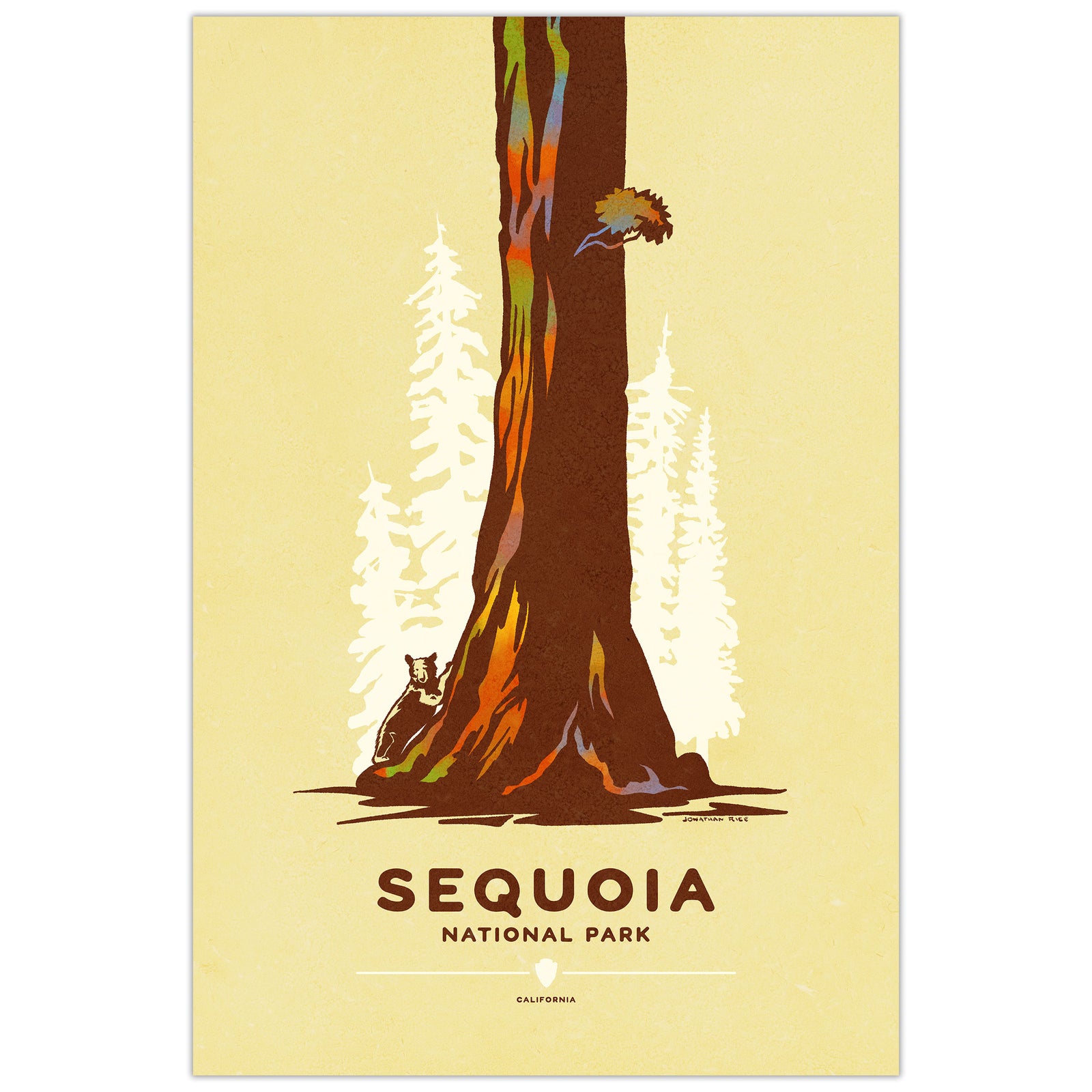 Sequoia National Park poster featuring giant sequoia tree with bear in graphic style