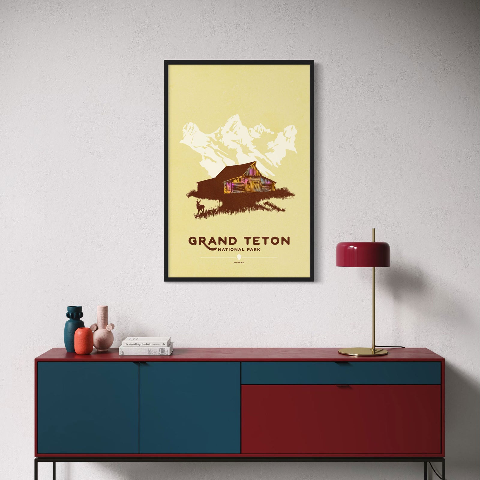 Grand Teton National Park poster featuring T.A. Moulton Barn with Teton mountains in graphic style