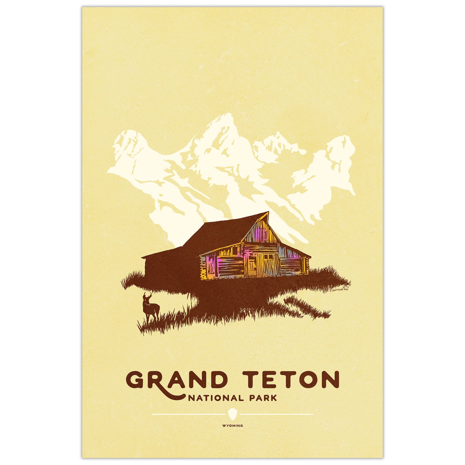 Grand Teton National Park poster featuring T.A. Moulton Barn with Teton mountains in graphic style