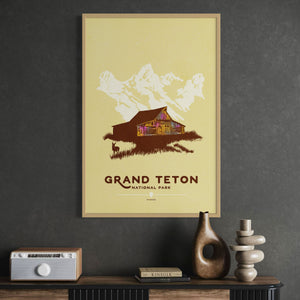 Grand Teton National Park travel poster oak frame office mockup
