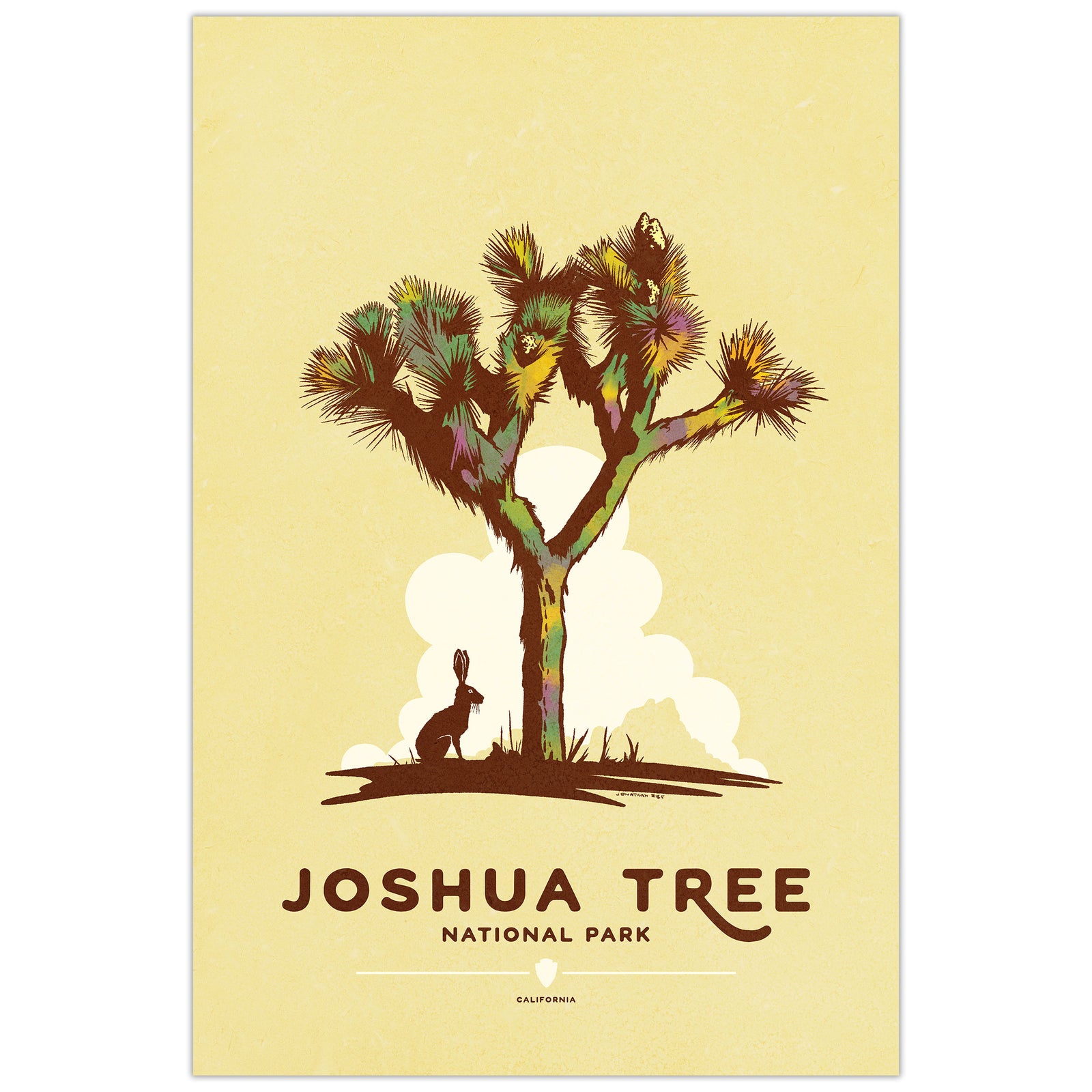 A vintage-style Joshua Tree National Park poster featuring a stylized desert tree with a rabbit silhouette at the base, on a warm cream background with brown and muted green/yellow accents.