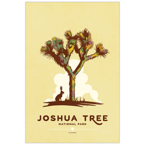 A vintage-style Joshua Tree National Park poster featuring a stylized desert tree with a rabbit silhouette at the base, on a warm cream background with brown and muted green/yellow accents.
