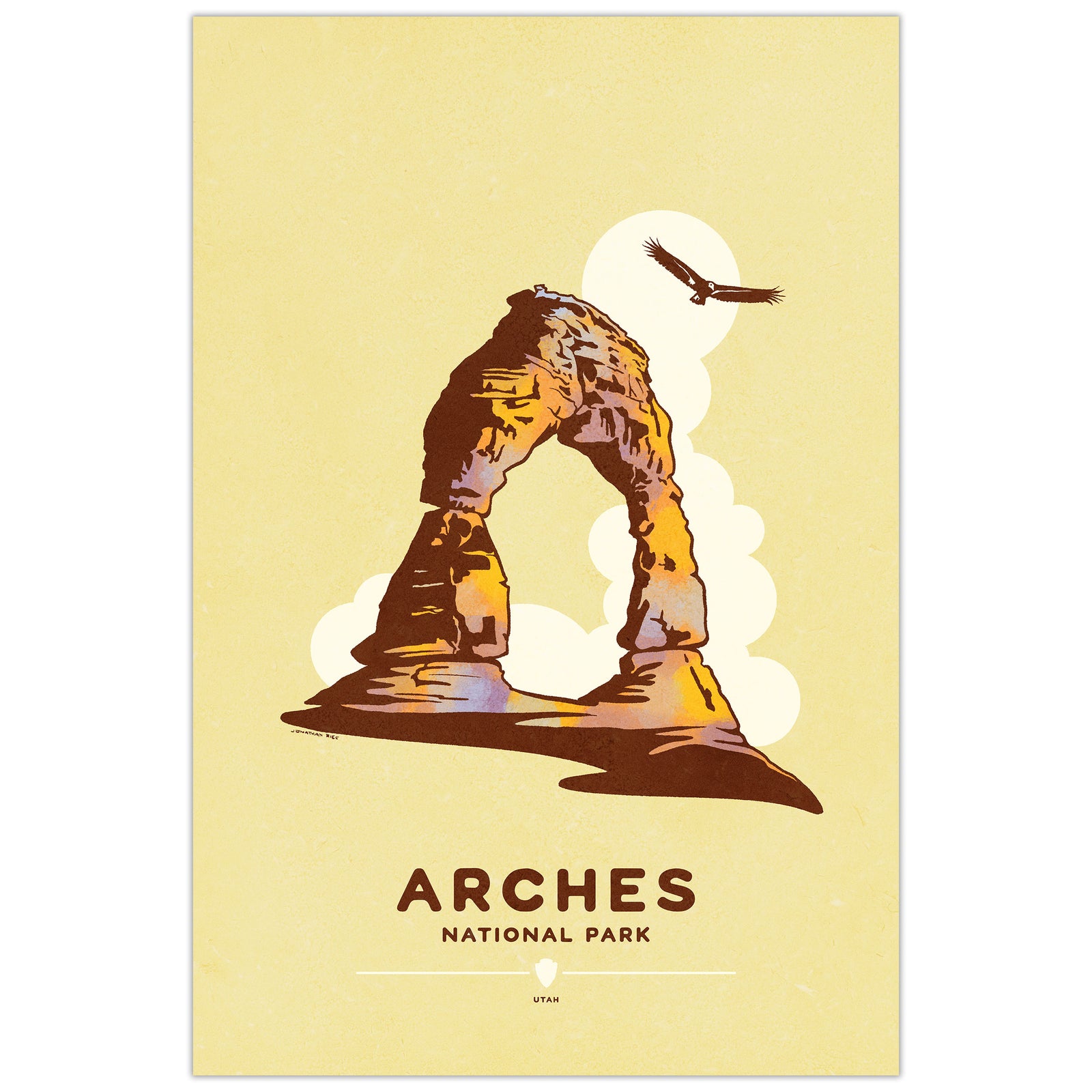 Arches National Park vintage travel poster featuring a graphic landscape in bold retro style
