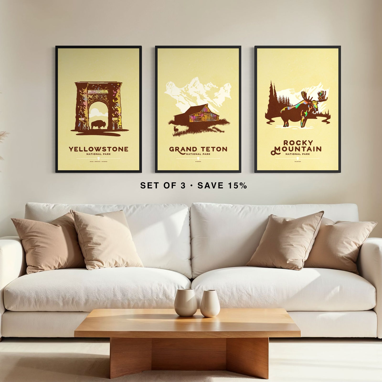 Set of 3 framed national park posters featuring Yellowstone, Grand Teton, and Rocky Mountain, vintage travel wall art, western landscape prints