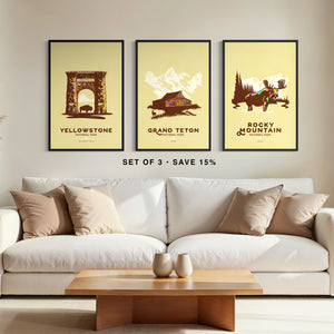 Set of 3 framed national park posters featuring Yellowstone, Grand Teton, and Rocky Mountain, vintage travel wall art, western landscape prints